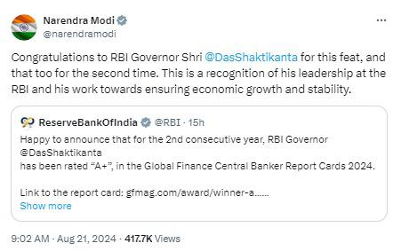  Narendra Modi has congratulated RBI Governor Shaktikanta Das for receiving an "A+" rating for the second consecutive year in the Global Finance Central Banker Report Cards 2024. 