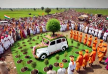 A unique scene from Gujarats Amreli district where an old car decorated with flowers is being given a ceremonial farewell