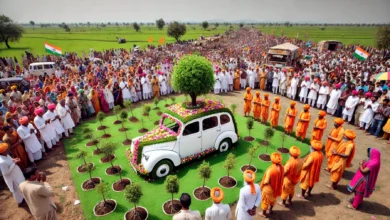 A unique scene from Gujarats Amreli district where an old car decorated with flowers is being given a ceremonial farewell