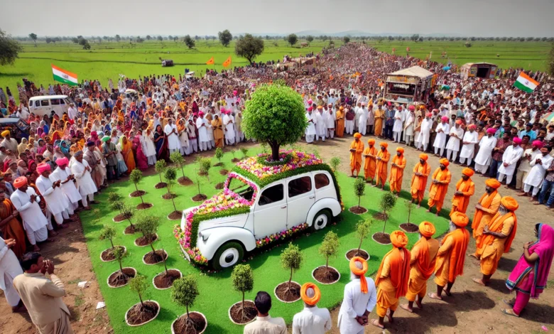 A unique scene from Gujarats Amreli district where an old car decorated with flowers is being given a ceremonial farewell